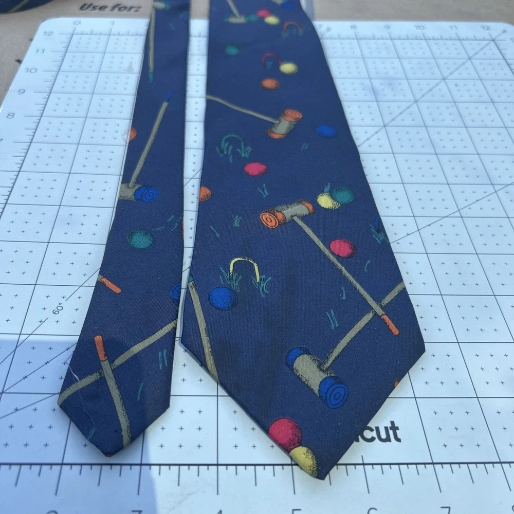 Perry Ellis Tie Features Croquet Mallet, Wickets And Balls. All Silk  Italian